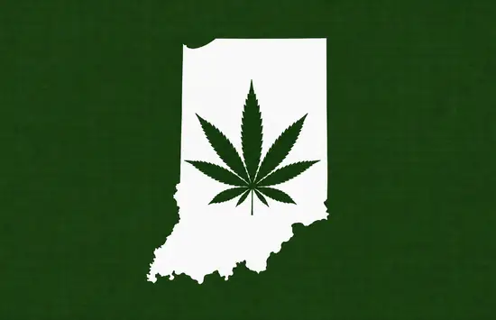 White silhouette of Indiana on a dark green background, with a dark green cannabis leaf centered inside the state outline.