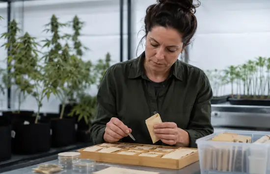 A cannabis preservationist carefully sorting seeds in a clean cultivation lab, with young cannabis plants growing in the background.