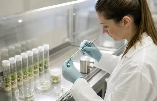 Lab technician carefully handling cannabis plantlets in a sterile tissue culture workspace with propagation tubes on the bench.