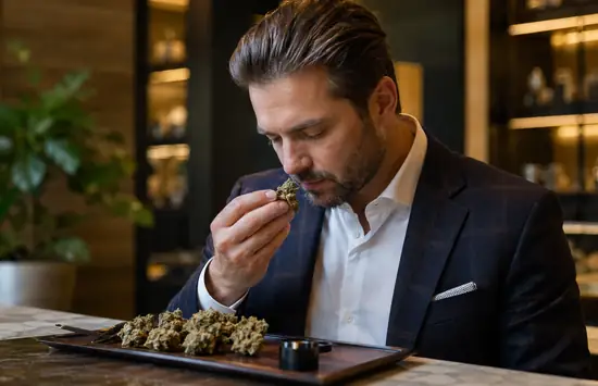 Cannabis expert in a blazer smelling a cannabis flower on a tray in an upscale tasting room.