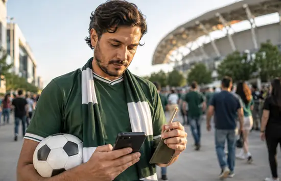 Soccer fan checking cannabis rules on a phone outside a stadium before a World Cup match.