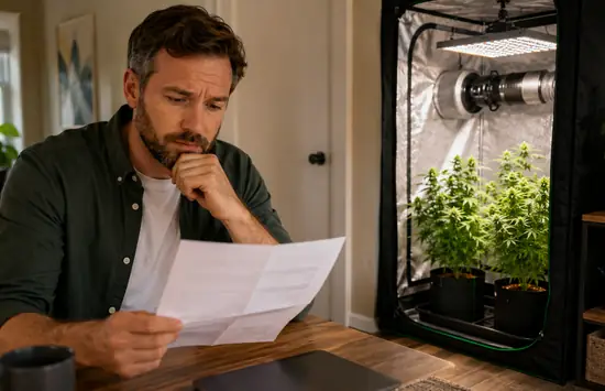 A concerned man reviews an electricity bill beside a small indoor cannabis grow tent with LED lighting.