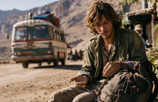 Young 1970s backpacker sitting beside a dusty mountain road with a worn travel bag, holding seeds in his hand as an old bus waits in the background.