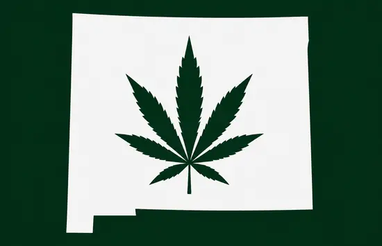 White silhouette of New Mexico on a dark green background, with a dark green cannabis leaf centered inside the state outline.