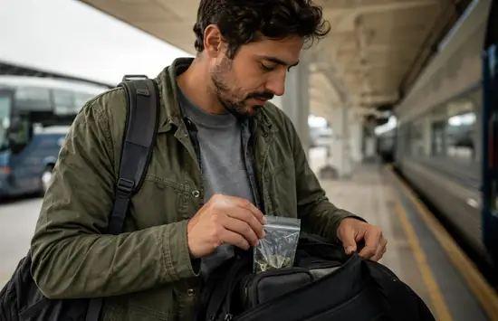 A traveler at a train station discreetly places a small cannabis pouch into his bag, with a train and bus in the background.
