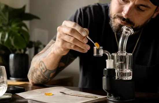 Adult man preparing a golden cannabis concentrate dab with a glass rig on a table, with rosin on parchment paper in warm natural light.
