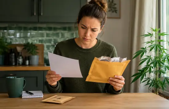 Concerned woman reading a customs notice beside an opened padded envelope, with cannabis seeds on the table and a plant in the background.
