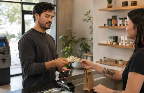 Customer paying cash at a modern cannabis dispensary checkout with an ATM visible in the background.