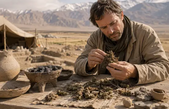 Archaeologist examining dried cannabis beside ancient pottery and a ritual brazier at a desert excavation site.
