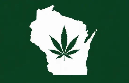 White silhouette of Wisconsin on a dark green background, with a dark green cannabis leaf centered inside the state outline.