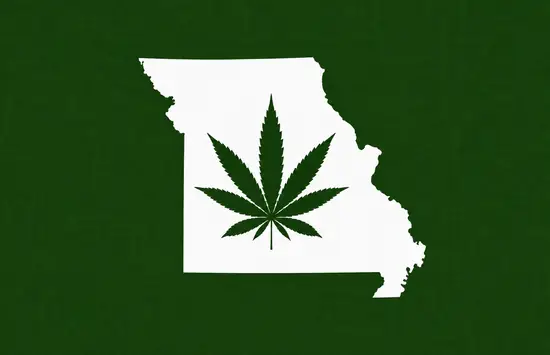 White silhouette of Missouri on a dark green background, with a dark green cannabis leaf centered inside the state outline.
