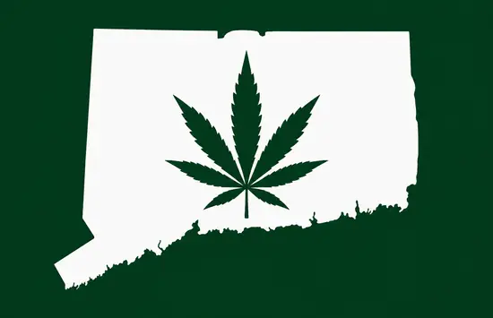 White silhouette of Connecticut on a dark green background, with a dark green cannabis leaf centered inside the state outline.