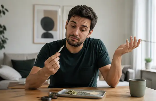 Man holding a joint and shrugging at a table with cannabis, appearing confused that he feels no effects.