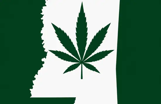 White silhouette of Mississippi on a dark green background, with a dark green cannabis leaf centered inside the state outline.