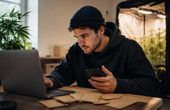 Young man in a dark hoodie checking a laptop and phone beside plain seed envelopes, with cannabis plants and a grow tent in the background.