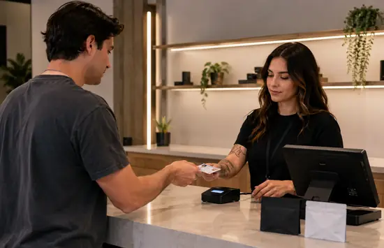 Customer hands an ID to a dispensary worker at a modern cannabis retail counter during checkout.