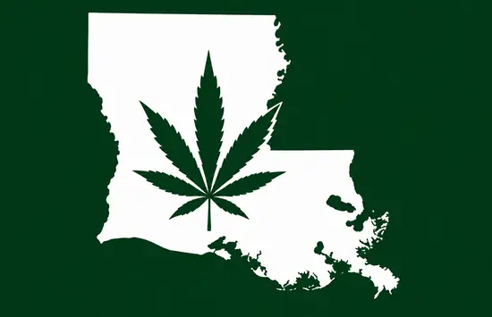 White silhouette of Louisiana on a dark green background, with a dark green cannabis leaf centered inside the state outline.