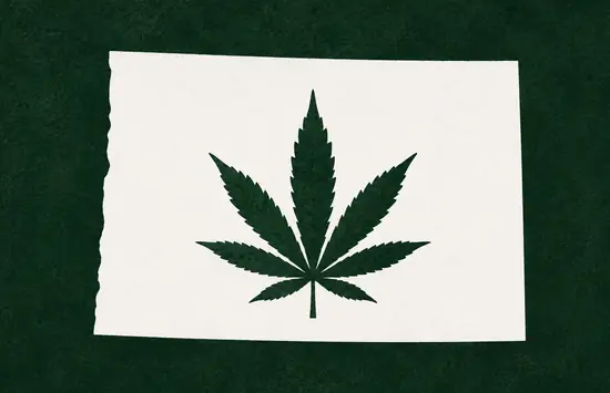 White silhouette of Colorado on a dark green background, with a dark green cannabis leaf centered inside the state outline.