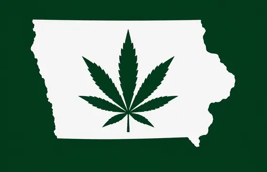 White silhouette of Iowa on a dark green background, with a dark green cannabis leaf centered inside the state outline.