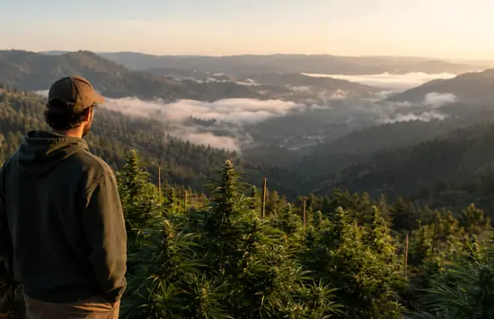 A cannabis grower overlooking a sunlit hillside farm and fog-covered mountains in Northern California’s Emerald Triangle.