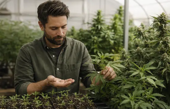 Cannabis breeder inspecting seeds and young plants inside a greenhouse.
