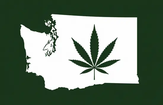 White silhouette of Washington State on a dark green background, with a dark green cannabis leaf centered inside the state outline.