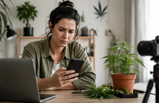 Concerned cannabis content creator checks her phone beside a laptop, camera setup, and cannabis plant in a home workspace.
