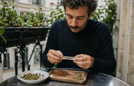 Adult man rolling a spliff with loose cannabis and tobacco on a balcony table in a European-style urban setting.