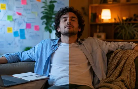 Young man relaxing on a sofa in a split scene, with a bright creative workspace on one side and a warm, cosy lounge on the other.