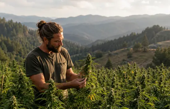 Adult farmer inspecting cannabis plants in a sun-grown mountain field with forested hills in the background.