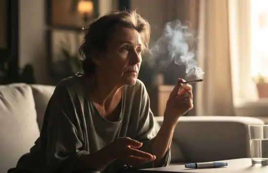 Realistic stock photo of a middle-aged woman sitting thoughtfully on a sofa in a sunlit living room, holding a lit joint while looking at a semaglutide injection pen on the coffee table beside her.