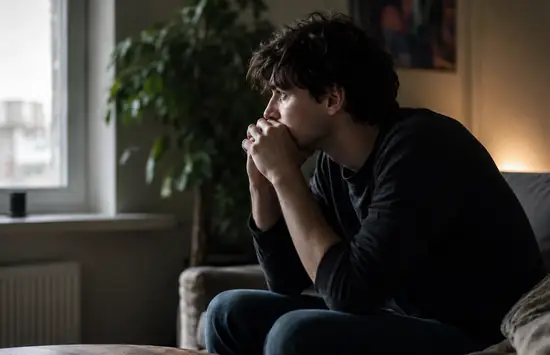 Young man sitting on a sofa by a window, looking anxious and deep in thought in a dimly lit living room.