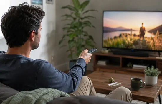 Adult man sitting on a couch with a TV remote, watching a screen in a modern living room with a small cannabis flower on the coffee table.