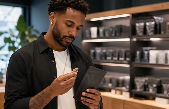 A man in a modern cannabis dispensary examines a small cannabis flower while holding a plain black product pouch, with blurred shelves of packaging behind him.