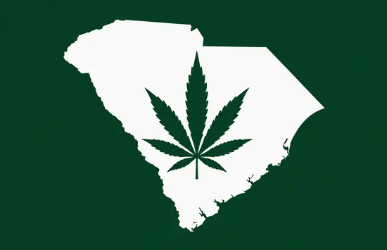 White silhouette of South Carolina on a dark green background, with a dark green cannabis leaf centered inside the state outline.