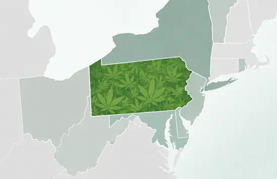 Simple map of the northeastern United States with Pennsylvania highlighted and filled with a green cannabis leaf pattern.
