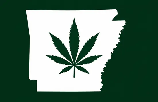 White silhouette of Arkansas on a dark green background, with a dark green cannabis leaf centered inside the state outline.