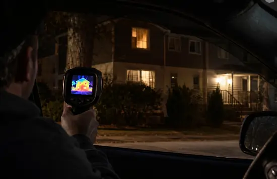 A man inside a parked car uses a thermal imaging camera to scan a house across a quiet suburban street at night.