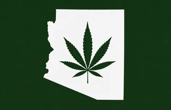 White silhouette of Arizona on a dark green background, with a dark green cannabis leaf centered inside the state outline.