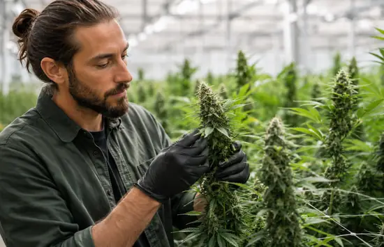 Cannabis grower inspecting mature flowering plants in a greenhouse.