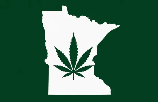White silhouette of Minnesota on a dark green background, with a dark green cannabis leaf centered inside the state outline.