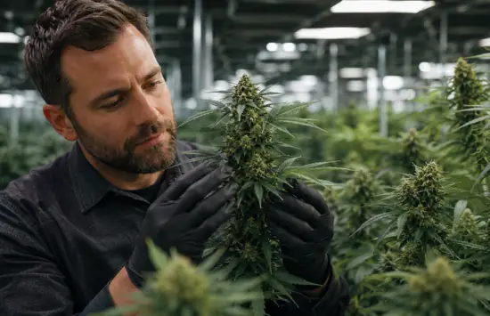 Cannabis breeder wearing gloves inspects a flowering plant inside a professional indoor grow room.