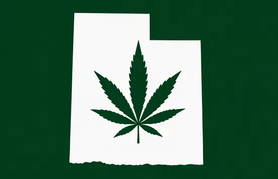 White silhouette of Utah on a dark green background, with a dark green cannabis leaf centered inside the state outline.