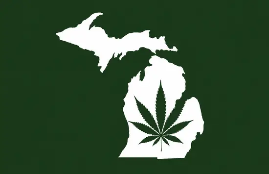 White silhouette of Michigan on a dark green background, with a dark green cannabis leaf centered inside the Lower Peninsula.