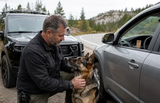 Police K9 handler kneeling beside a German Shepherd near a patrol SUV and civilian car during a quiet roadside stop.