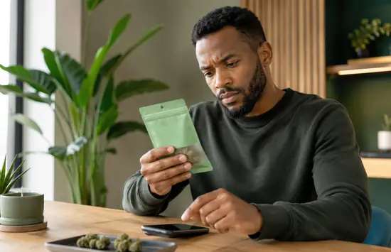 Man checking a cannabis package and phone for product safety information at a wooden table.