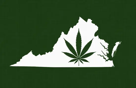 White silhouette of Virginia on a dark green background, with a dark green cannabis leaf centered inside the state outline.