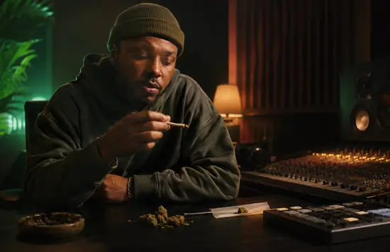A hip-hop artist holding a joint in a dimly lit recording studio, surrounded by a mixing console, beat machine, and cannabis buds.