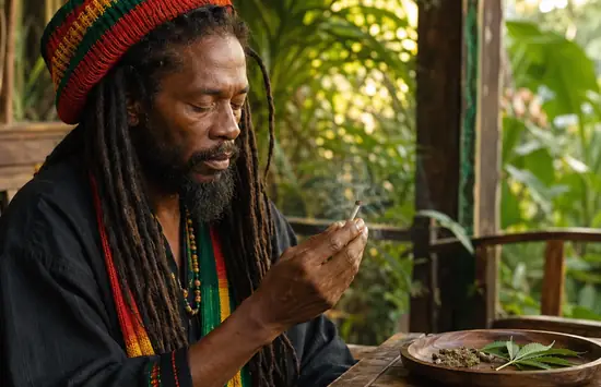 A Rastafarian man in red, gold, and green clothing holds a smoking spliff in a quiet outdoor veranda setting with cannabis leaves and loose herb on a wooden tray.