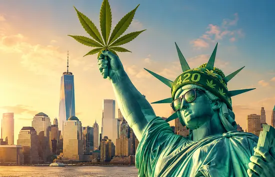 Statue of Liberty wearing sunglasses and a green 420 hat, holding a large cannabis leaf above the New York City skyline at sunset.